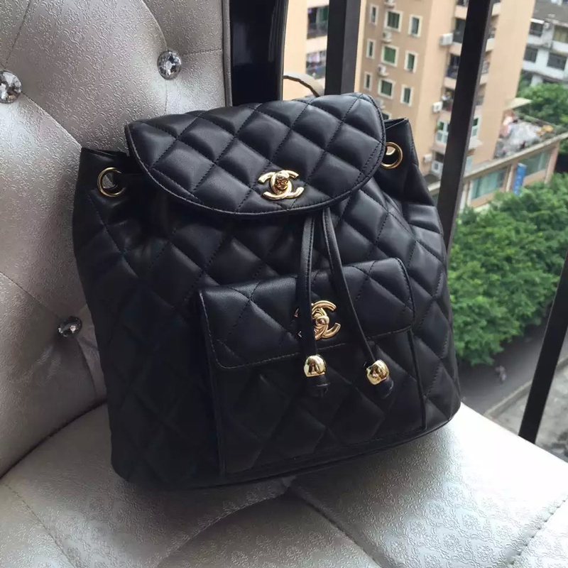 2016 Chanel Black Original sheepskin Leather Backpack Embellished With a cc Signature