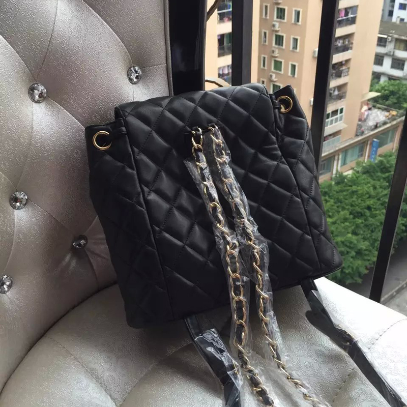 2016 Chanel Black Original sheepskin Leather Backpack Embellished With a cc Signature