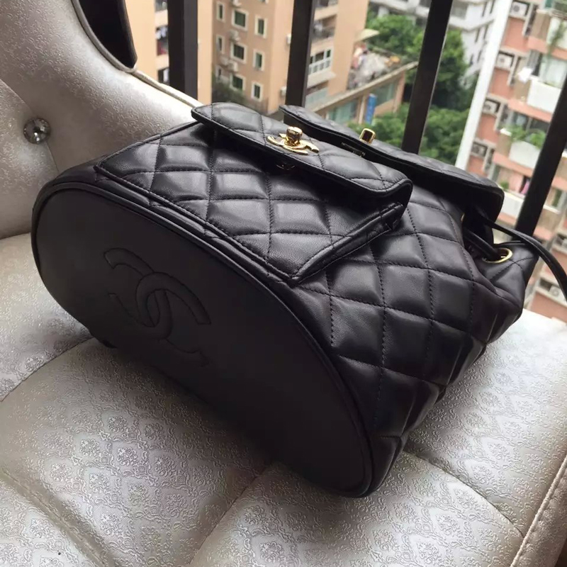 2016 Chanel Black Original sheepskin Leather Backpack Embellished With a cc Signature