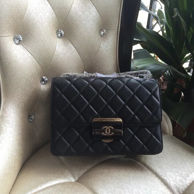 2016 Chanel Black Sheepskin Leather Chain shoulder Flap bag A93222