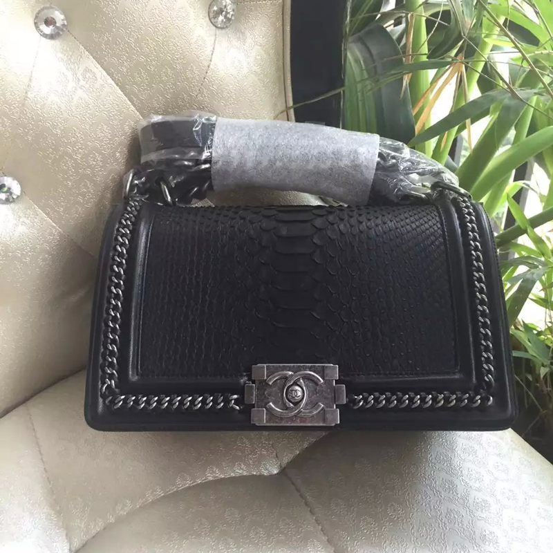 2016 Chanel Boy Flap Shoulder Bag Grey Real Snake Leather A67086 Silver