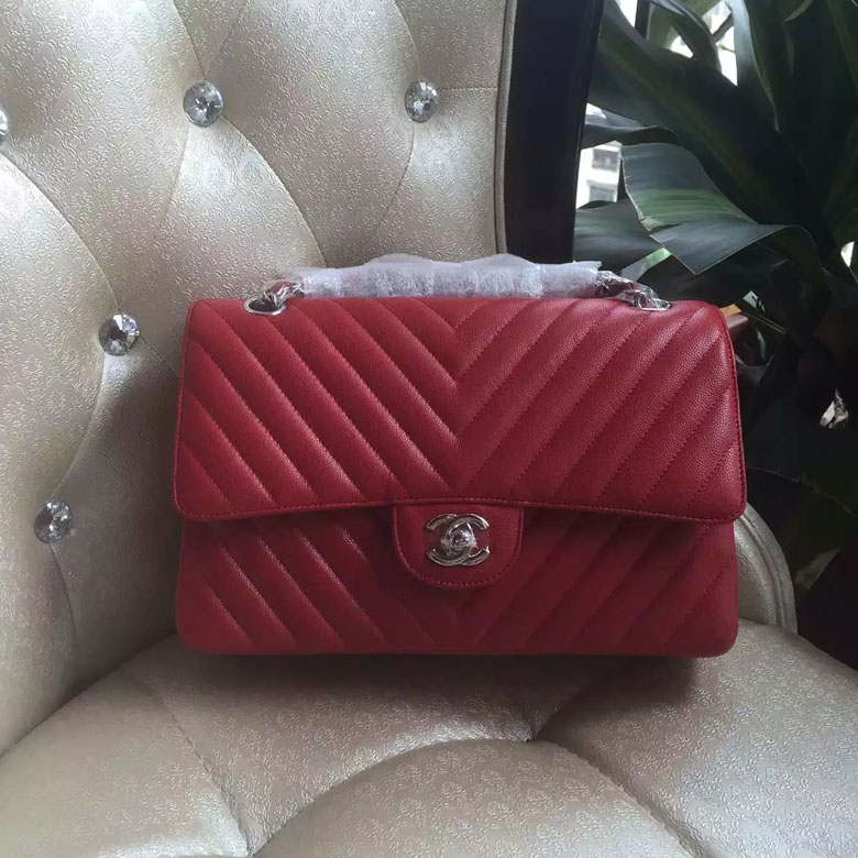 2016 Chanel CF Original Leather Classic Flap Bag 1112 Red Silver