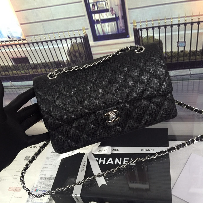 2016 Chanel Classic Flap Bag 1112 Black Original Caviar leather Silver