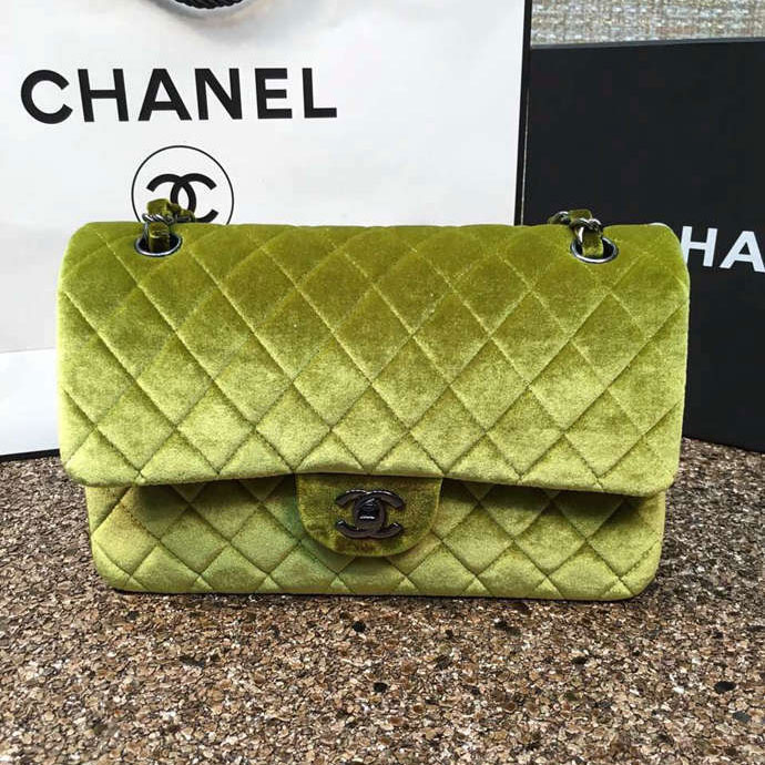 2016 Chanel Classic Flap Bag 1112 Original ArmyGreen velvet with Black Polished