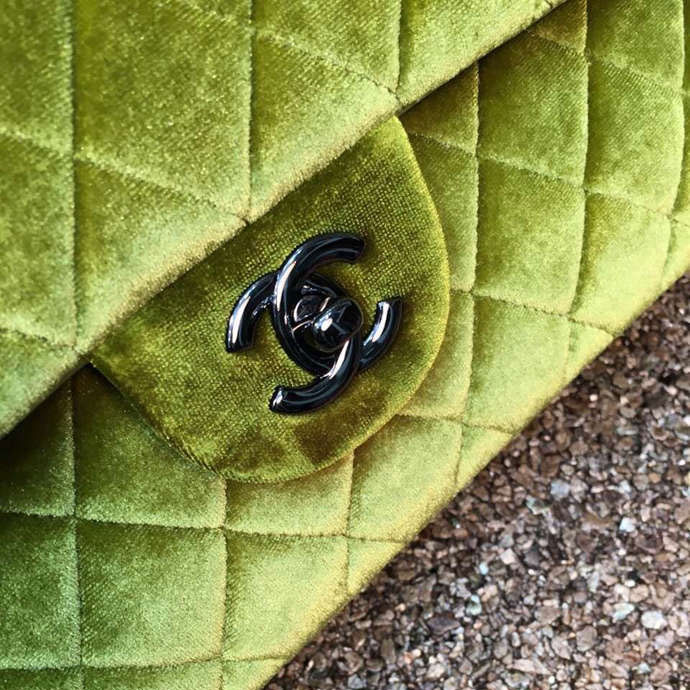 2016 Chanel Classic Flap Bag 1112 Original ArmyGreen velvet with Black Polished