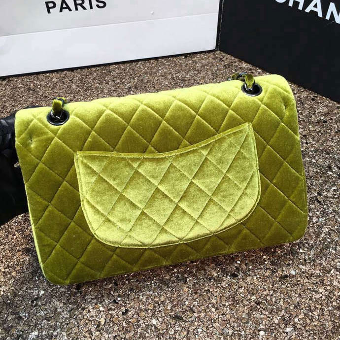 2016 Chanel Classic Flap Bag 1112 Original ArmyGreen velvet with Black Polished