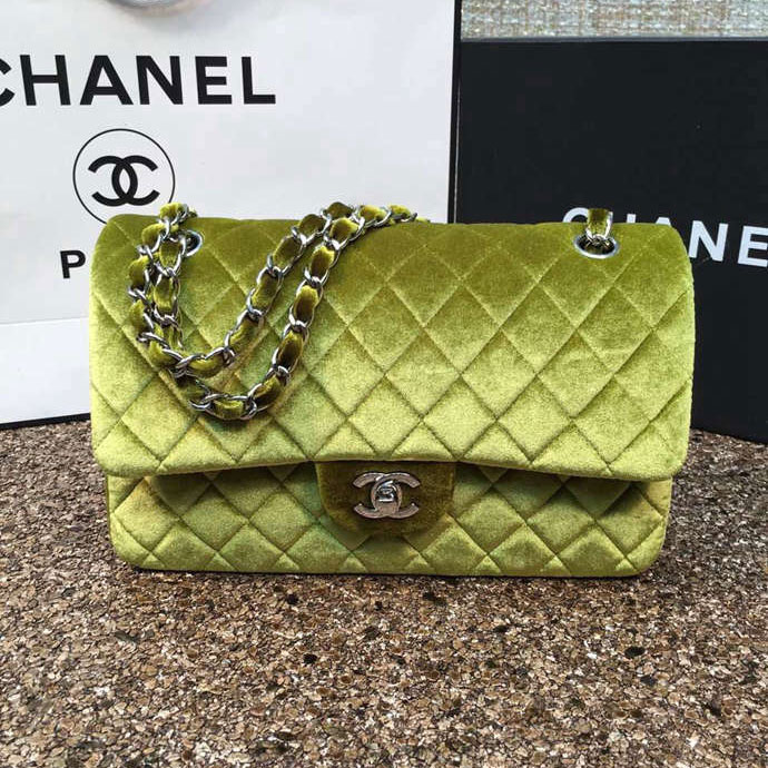 2016 Chanel Classic Flap Bag 1112 Original ArmyGreen velvet with Silver