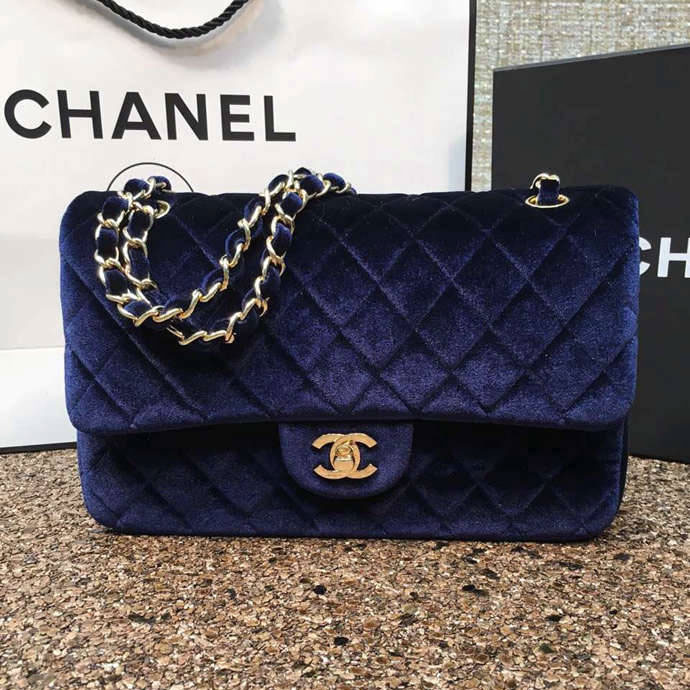 2016 Chanel Classic Flap Bag 1112 Original DarkBlue velvet with Gold