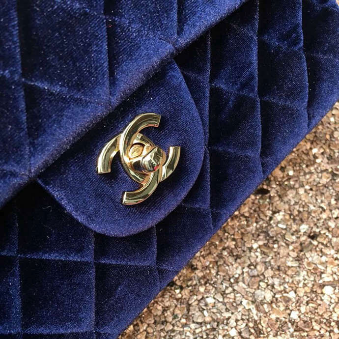 2016 Chanel Classic Flap Bag 1112 Original DarkBlue velvet with Gold