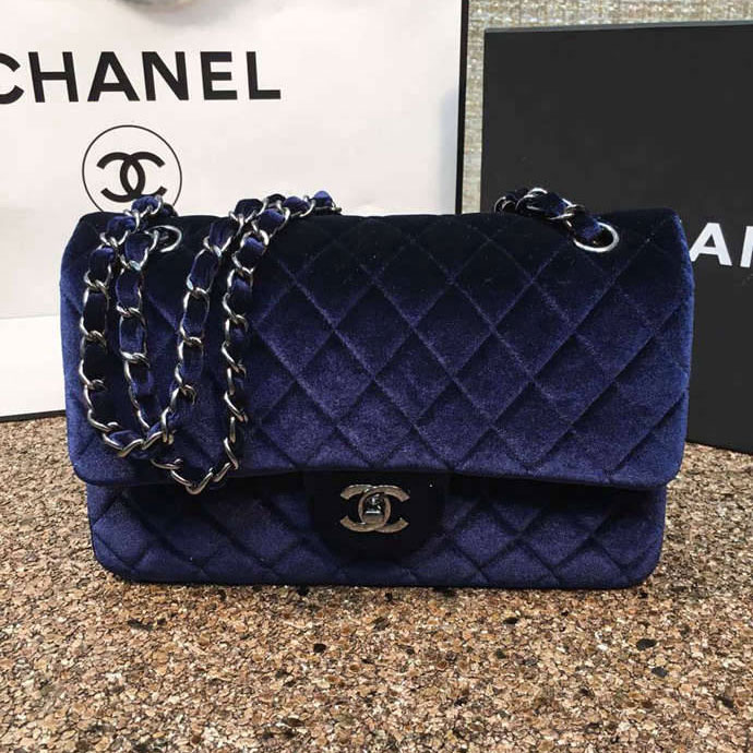 2016 Chanel Classic Flap Bag 1112 Original DarkBlue velvet with Silver