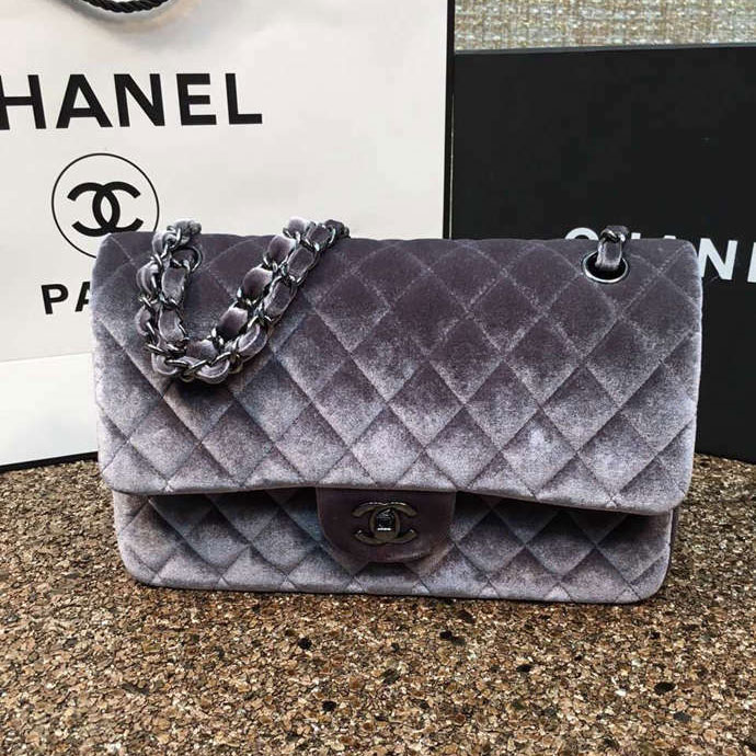 2016 Chanel Classic Flap Bag 1112 Original Gray velvet with Black Polished