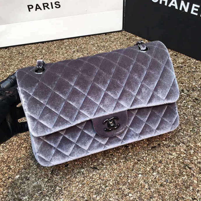 2016 Chanel Classic Flap Bag 1112 Original Gray velvet with Black Polished