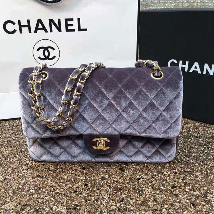 2016 Chanel Classic Flap Bag 1112 Original Gray velvet with Gold