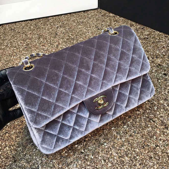 2016 Chanel Classic Flap Bag 1112 Original Gray velvet with Gold