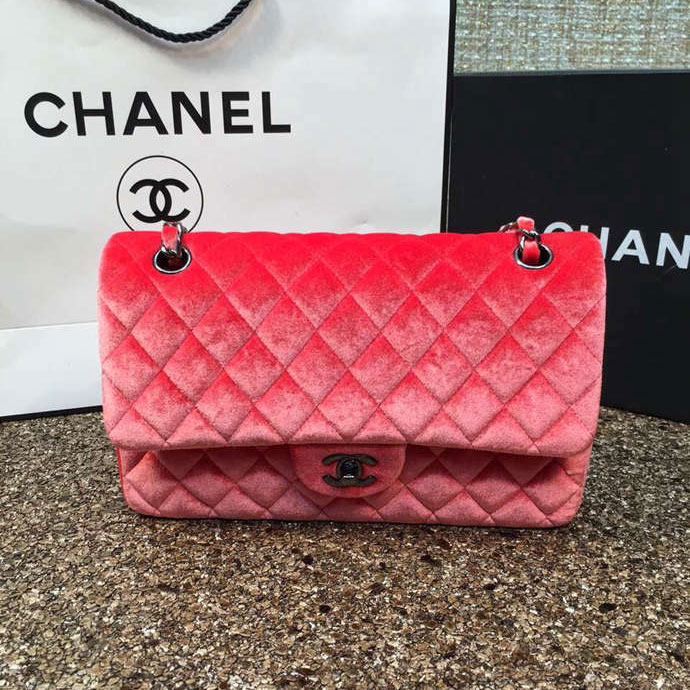 2016 Chanel Classic Flap Bag 1112 Original Orange velvet with Black Polished