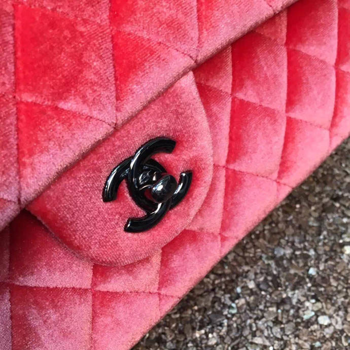 2016 Chanel Classic Flap Bag 1112 Original Orange velvet with Black Polished