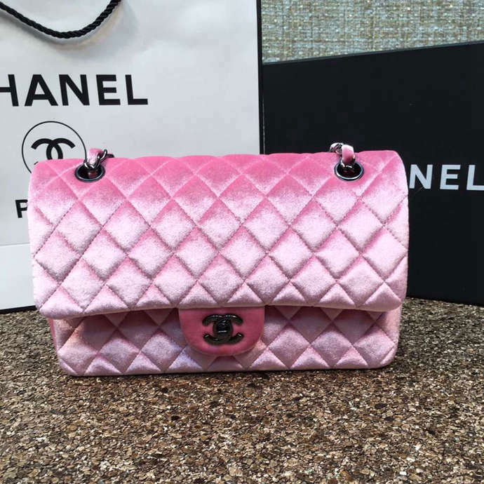 2016 Chanel Classic Flap Bag 1112 Original Pink velvet with Black Polished