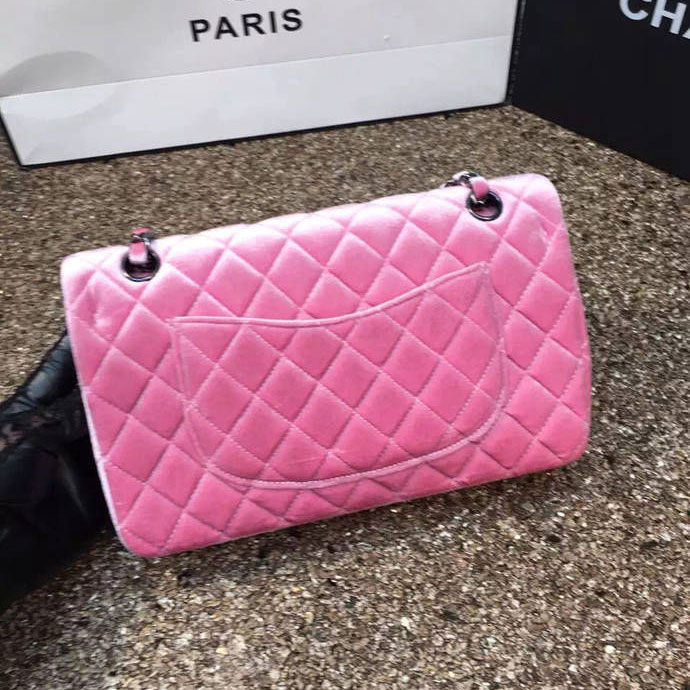 2016 Chanel Classic Flap Bag 1112 Original Pink velvet with Black Polished