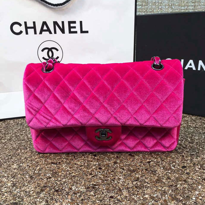 2016 Chanel Classic Flap Bag 1112 Original Rose velvet with Black Polished