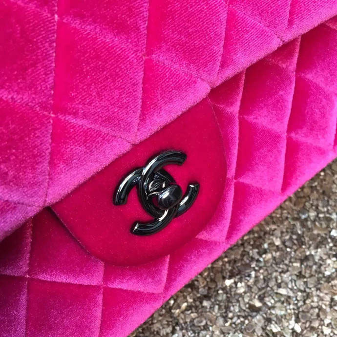 2016 Chanel Classic Flap Bag 1112 Original Rose velvet with Black Polished