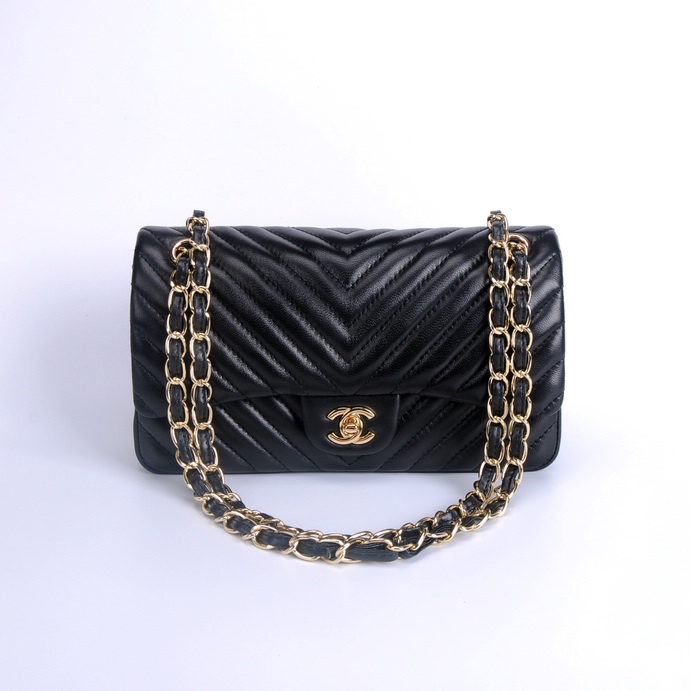 2016 Chanel Classic Flap Bag 1112 Sheekskin leather in Black with Gold