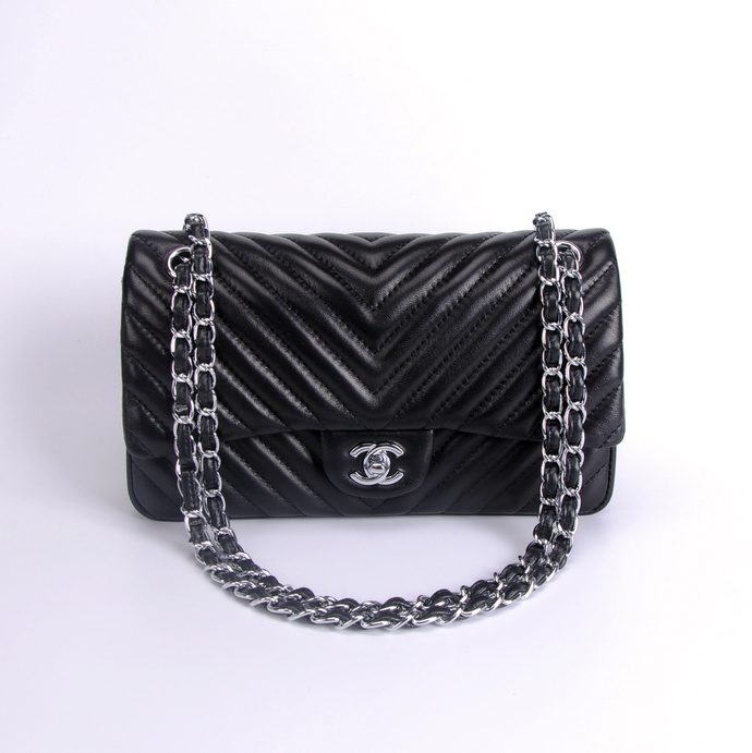 2016 Chanel Classic Flap Bag 1112 Sheekskin leather in Black with Silver