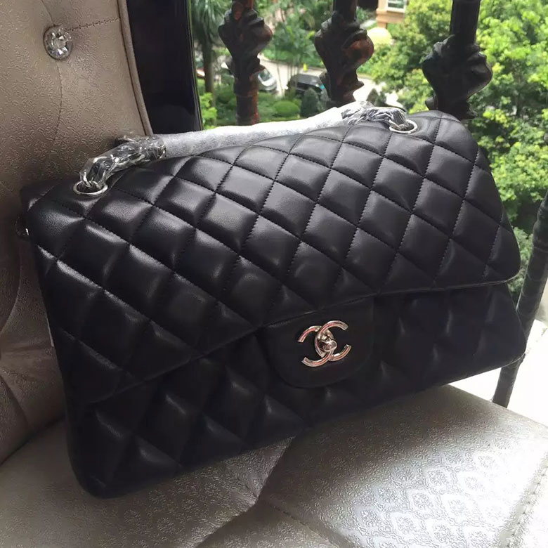 2016 Chanel Classic Flap Bag 1113 Black Original Sheekskin leather Silver Hardware