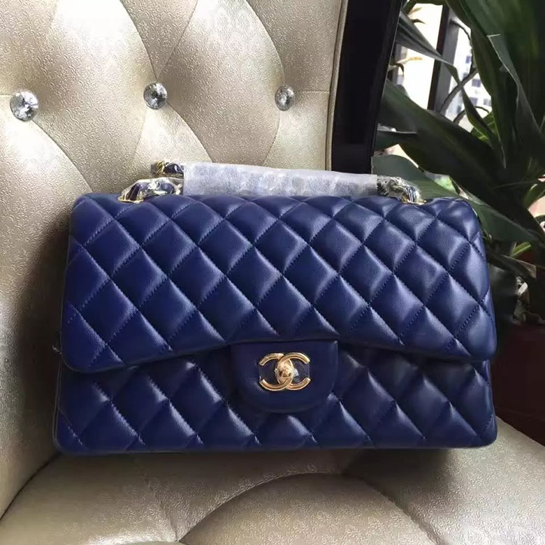 2016 Chanel Classic Flap Bag 1113 Blue Original Sheekskin leather Gold Hardware