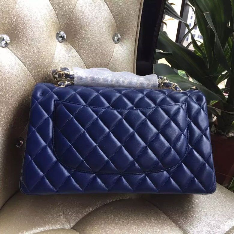 2016 Chanel Classic Flap Bag 1113 Blue Original Sheekskin leather Gold Hardware