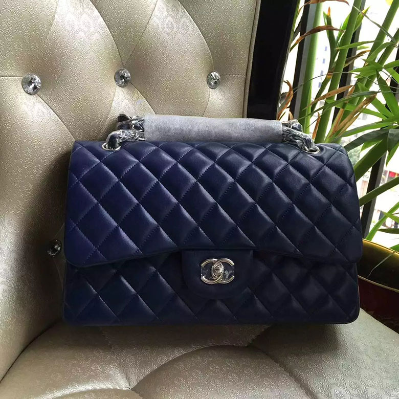 2016 Chanel Classic Flap Bag 1113 Blue Original Sheekskin leather Silver Hardware