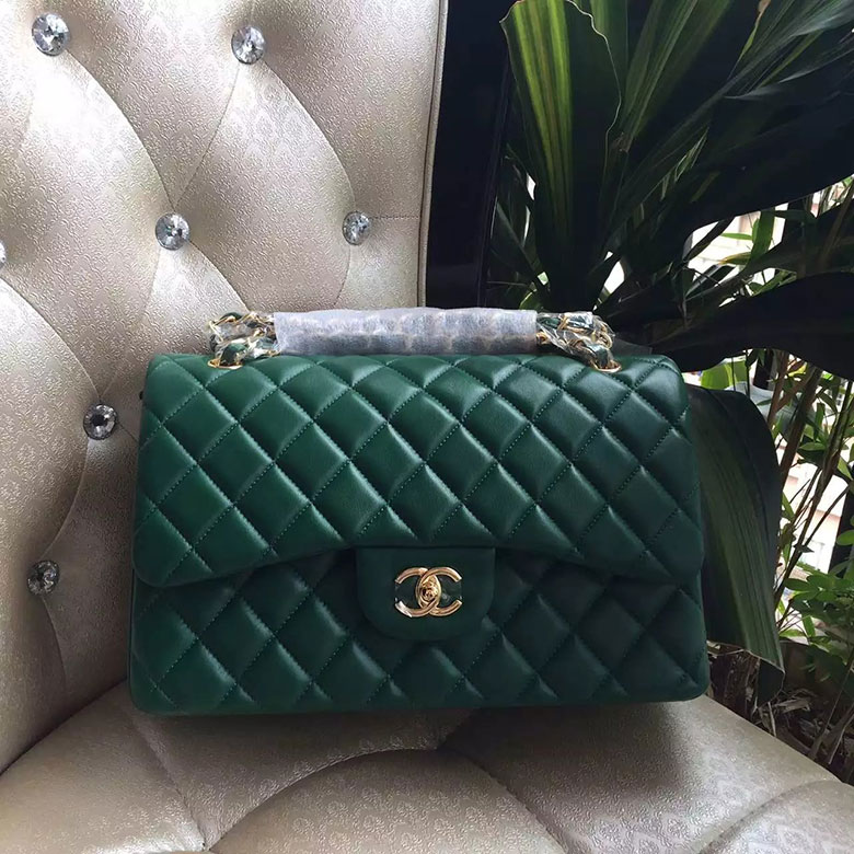 2016 Chanel Classic Flap Bag 1113 Green Original Sheekskin leather Gold Hardware