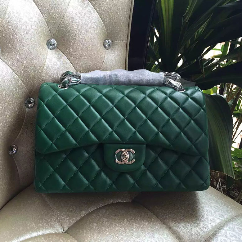 2016 Chanel Classic Flap Bag 1113 Green Original Sheekskin leather Silver Hardware