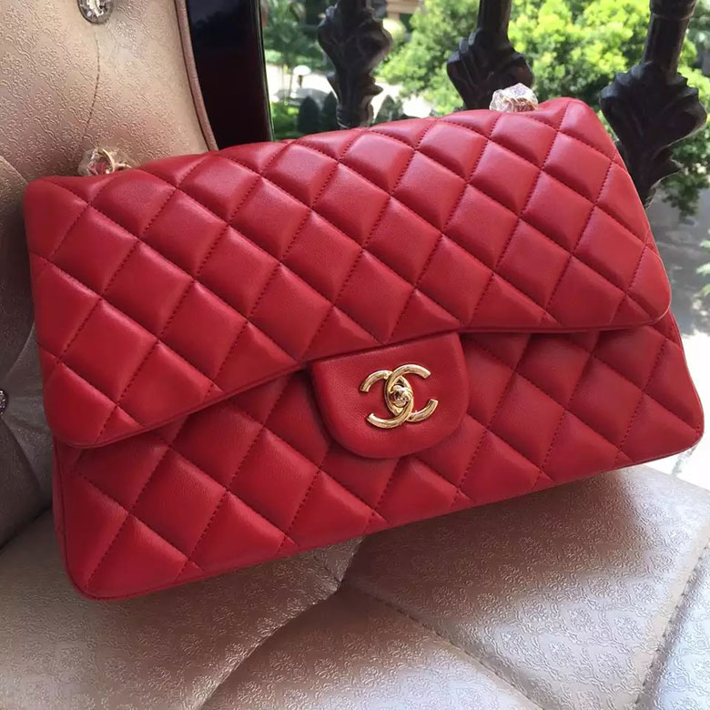 2016 Chanel Classic Flap Bag 1113 Red Original Sheekskin leather Gold Hardware