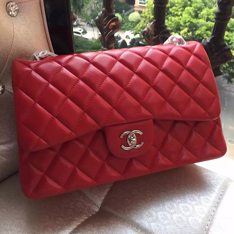 2016 Chanel Classic Flap Bag 1113 Red Original Sheekskin leather Silver Hardware