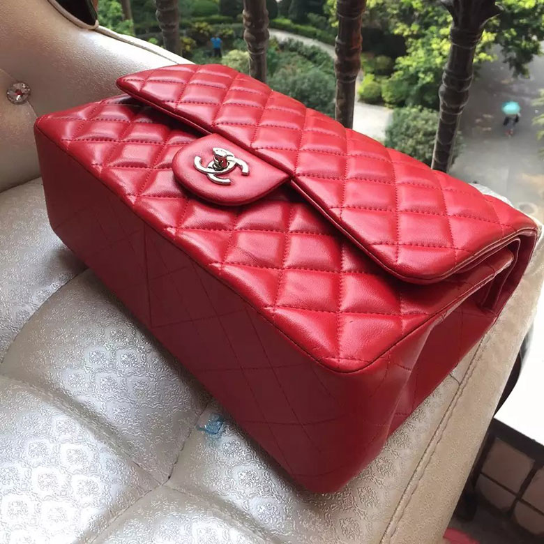 2016 Chanel Classic Flap Bag 1113 Red Original Sheekskin leather Silver Hardware