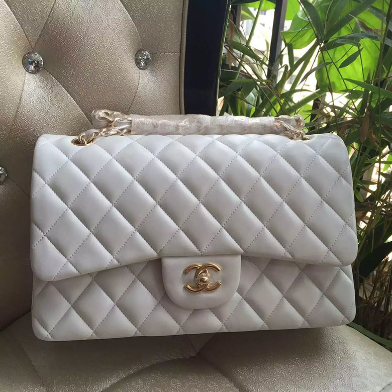 2016 Chanel Classic Flap Bag 1113 White Original Sheekskin leather Gold Hardware