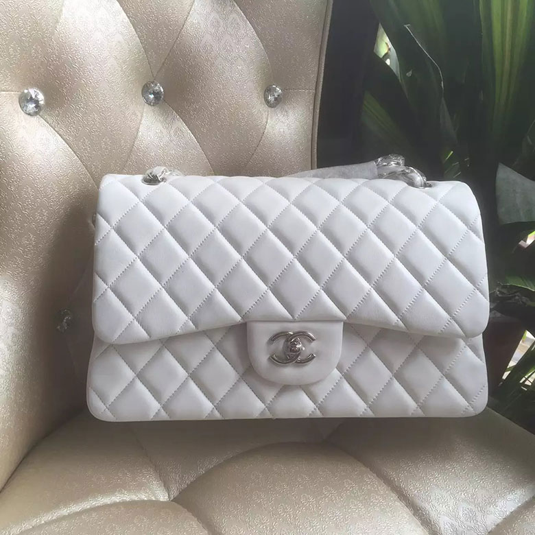 2016 Chanel Classic Flap Bag 1113 White Original Sheekskin leather Silver Hardware