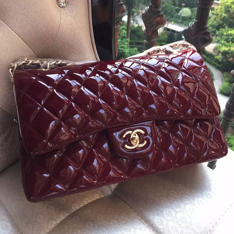 2016 Chanel Classic Flap Bag Original Patent Leather 1113 Burgundy with Gold