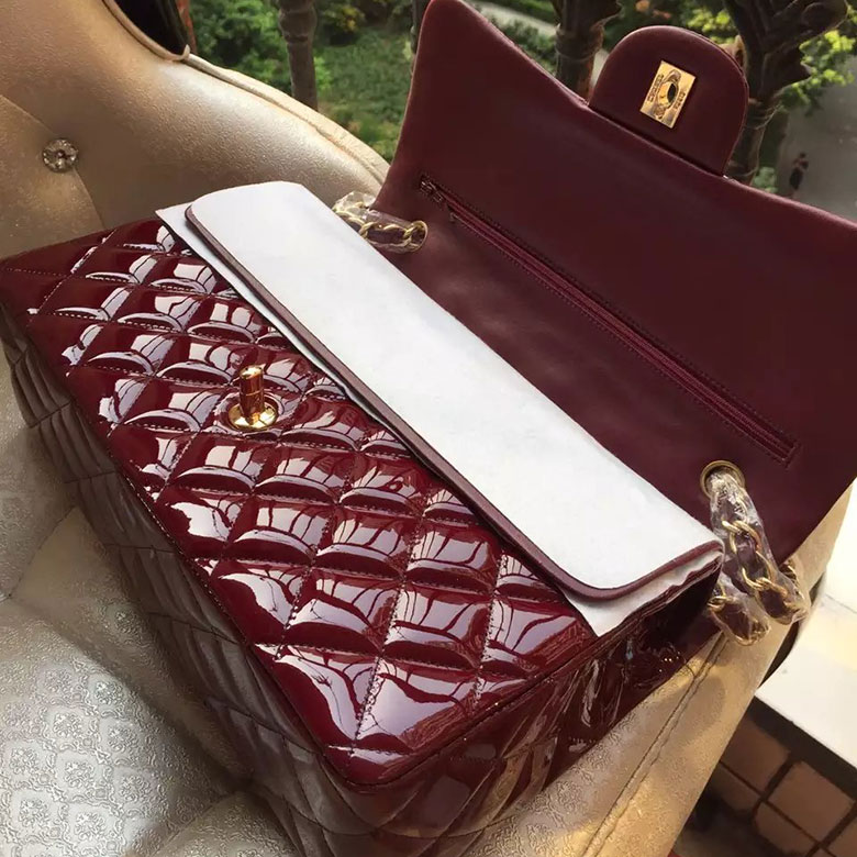 2016 Chanel Classic Flap Bag Original Patent Leather 1113 Burgundy with Gold