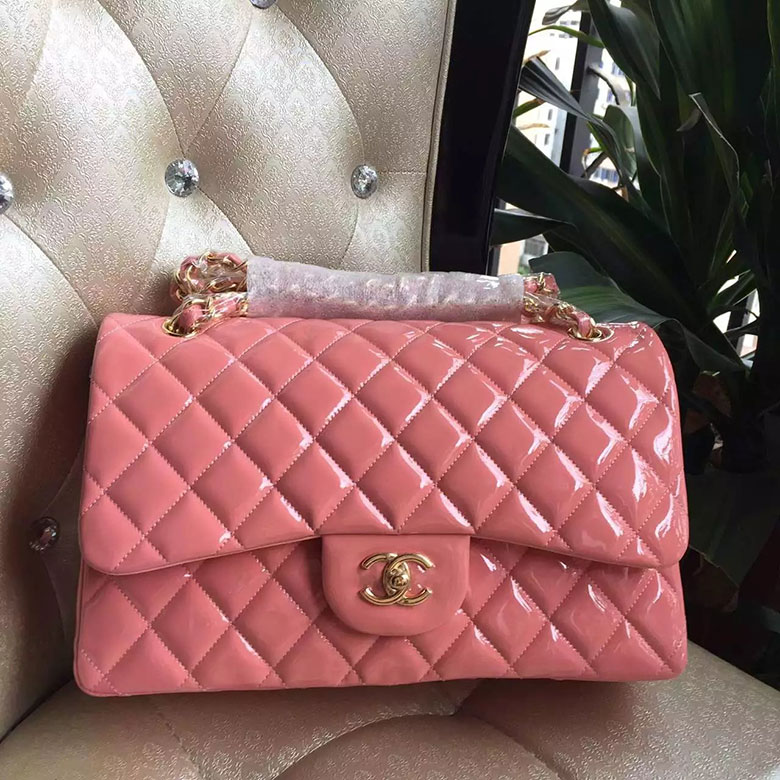 2016 Chanel Classic Flap Bag Original Patent Leather 1113 Pink with Gold