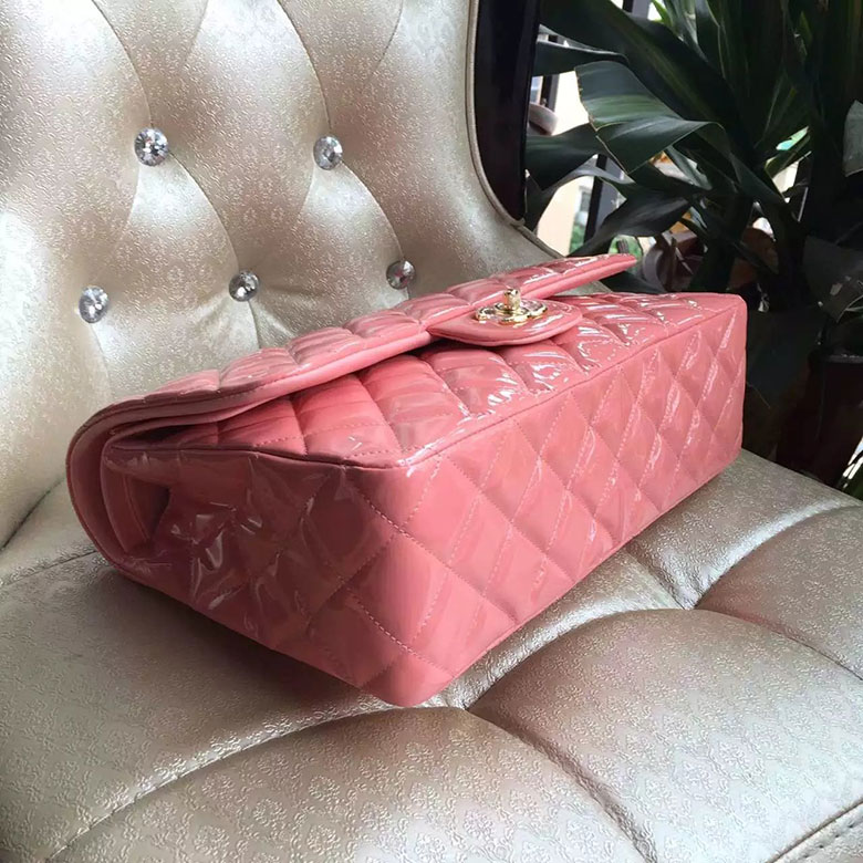 2016 Chanel Classic Flap Bag Original Patent Leather 1113 Pink with Gold