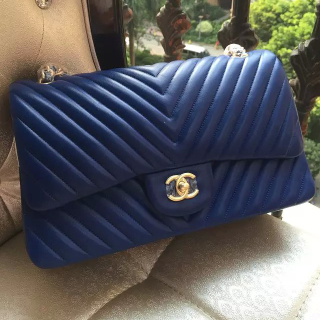 2016 Chanel Classic Flap Bag Original Sheepskin Leather 1113 Blue with Gold