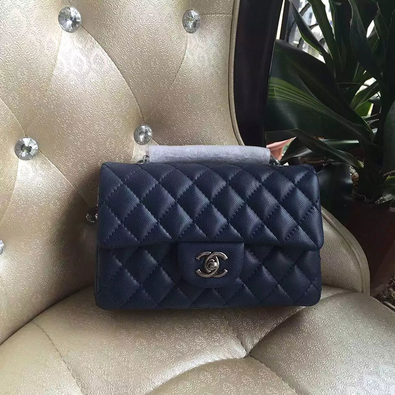 2016 Chanel Classic Mini Flap Bag A1114 Blue Original Caviar leather Silver