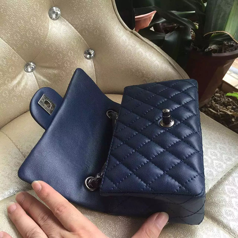 2016 Chanel Classic Mini Flap Bag A1114 Blue Original Caviar leather Silver