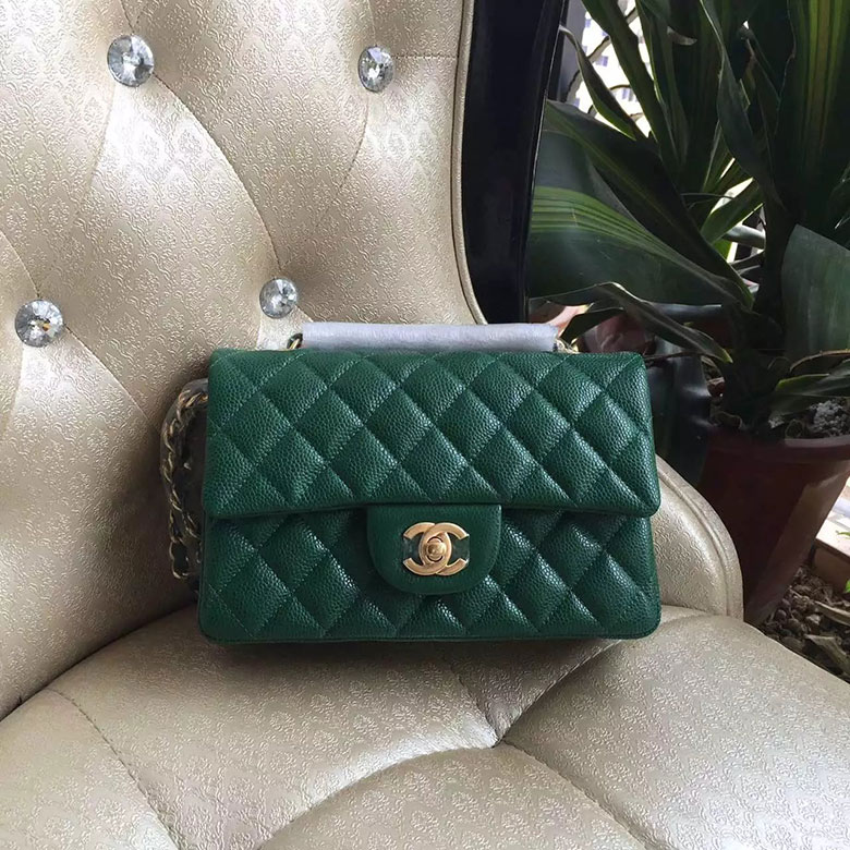 2016 Chanel Classic Mini Flap Bag A1114 Green Original Caviar leather Gold