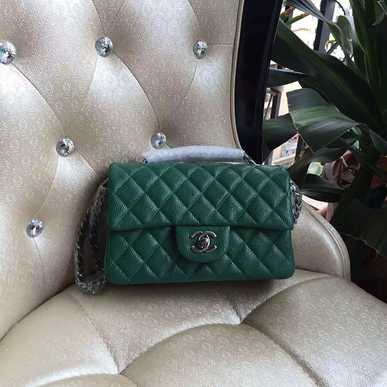 2016 Chanel Classic Mini Flap Bag A1114 Green Original Caviar leather Silver