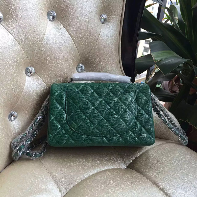 2016 Chanel Classic Mini Flap Bag A1114 Green Original Caviar leather Silver