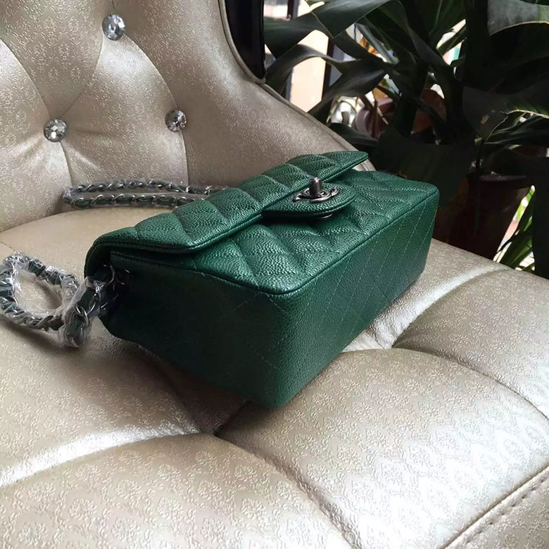 2016 Chanel Classic Mini Flap Bag A1114 Green Original Caviar leather Silver