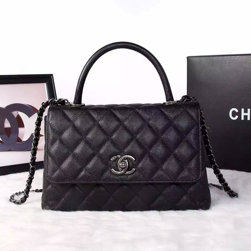 2016 Chanel Classic Top Handle Bag Original Caviar Leather A1871 Black