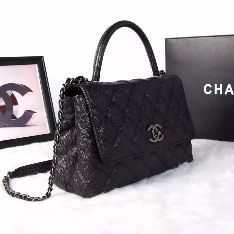 2016 Chanel Classic Top Handle Bag Original Caviar Leather A1871 Black